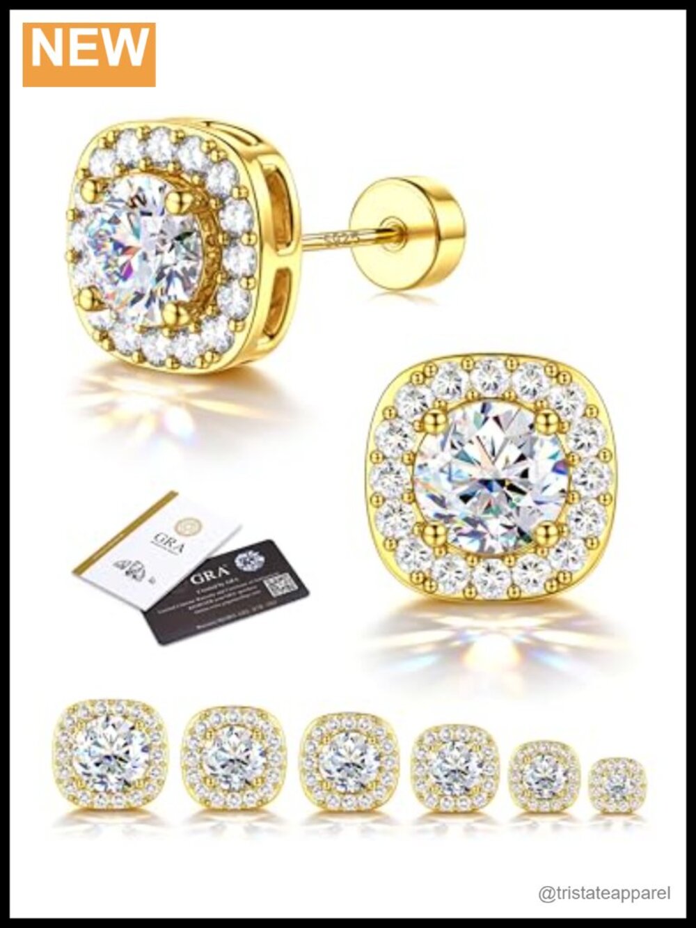 Moissanite Halo Flat Back Stud Earrings 925 Sterling Silver 14K Gold Plated